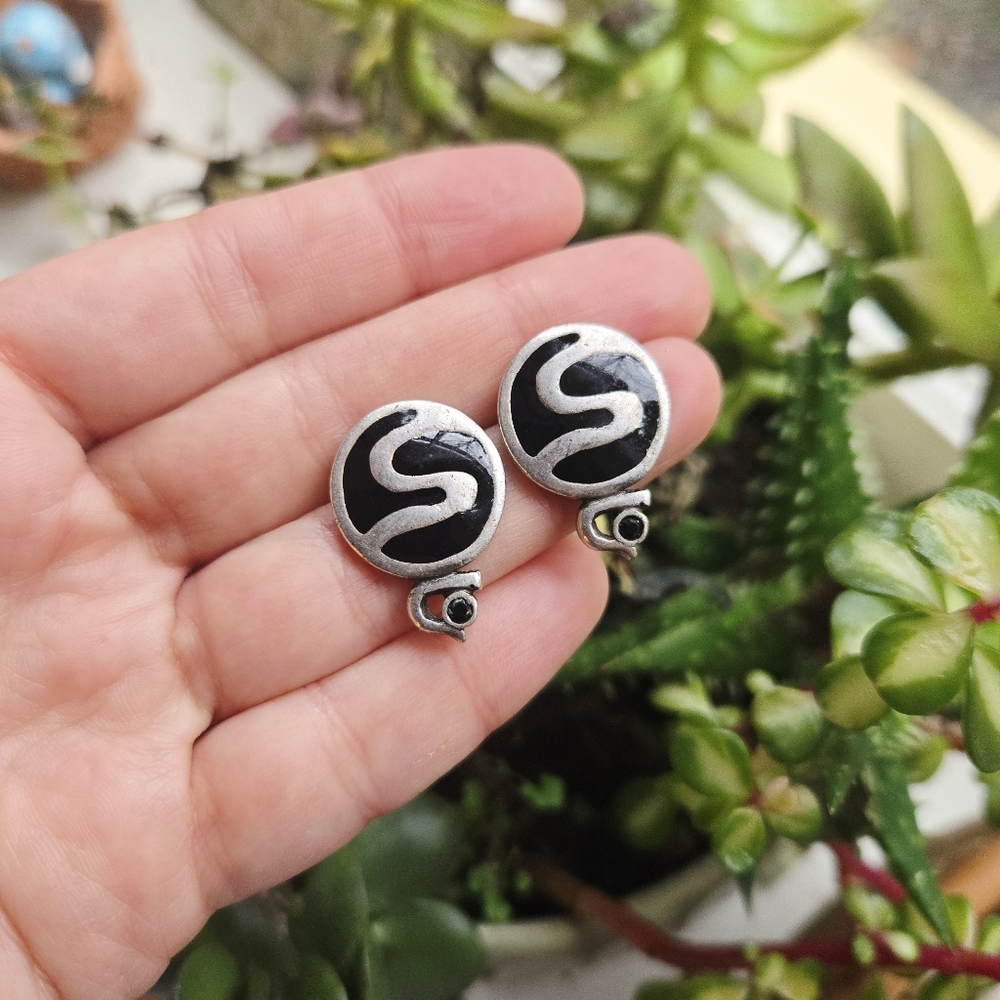 Vintage Pair of Silver & Black Geometric Tribal Stud Stud Earrings
